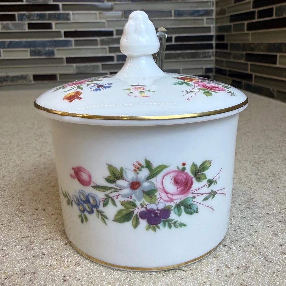 Vintage Minton Marlow Bone China Jam Pot w/ Lid & Glass Spoon Floral England